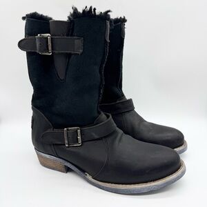 Luxe de Leon Conquista Boots Leather Shearling Lined Stacked Heel Black Size 9.5